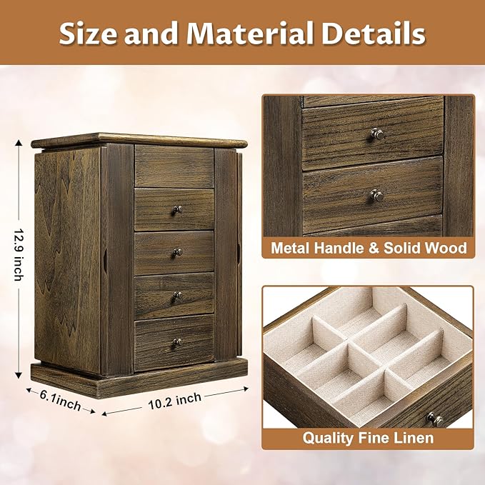 Jewelry Box for Women, 5 Layer Large Wood Jewelry Boxes & Organizers for Necklaces Earrings Rings Bracelets, Rustic Jewelry Organizer Box with Drawers and Mirror(Vintage)-BubblyBeeBaby