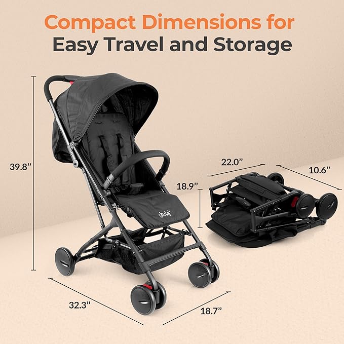 Jovial Lightweight Travel Baby Stroller - One-Hand Folding Compact Stroller with Multi-Position Reclining System - Retractable Sun Canopy, Extra-Large Storage Basket - Includes Airplane Storage Bag-BubblyBeeBaby