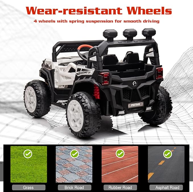 24V Ride On Car for Kids, 4x4 Kids Electric Car with Remote Control Off Road, Children Car with Bluetooth 3 Speeds LED Lights Storage Trunk,White-BubblyBeeBaby