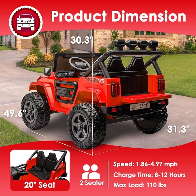 24V 2 Seater Ride On Truck with Remote Control 4WD Electric Car for Kids Ride On Car Battery Powered Ride On Toy Car with Music Player, LED Lights, Bluetooth, Rear Shock Absorber, Red-BubblyBeeBaby