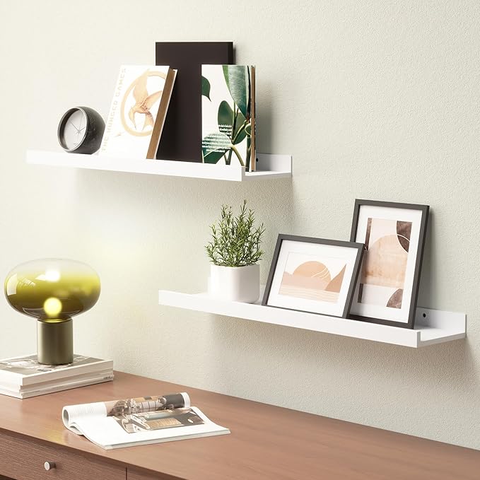 23.6 Inches Long Floating Shelves Wall Mounted, 2 Set Modern White Wall Shelf for Bedroom, Nursery Book Shelf with Lip, Picture Ledge Shelf for Wall Decor Living Room Bathroom Kitchen- White-BubblyBeeBaby
