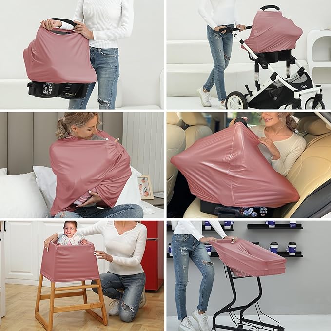 Breathable Car Seat Cover for Babies – Multi-Purpose Soft Rayon Nursing Cover for Breastfeeding, High Stretchy Infant Carseat Canopy, Stroller Cover (Smooth Rayon, Blush)-BubblyBeeBaby