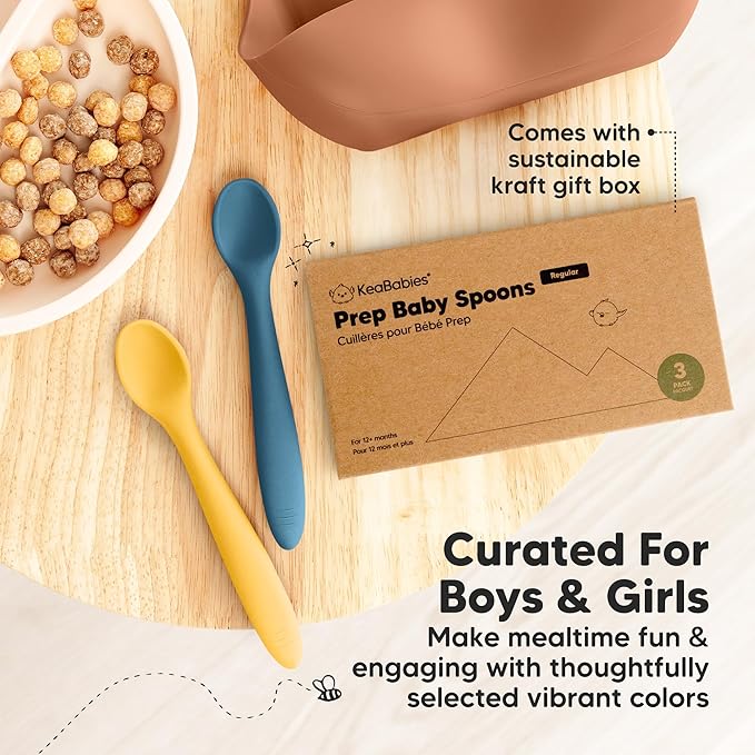 KeaBabies Silicone Baby Spoons, Self Feeding 6-12 months - 3-Pack Baby Weaning Eating Utensils, Toddler First Food Training Spoon, Infant, Kids Feeding Supplies Essential Set,Dishwasher-safe (Valiant)-BubblyBeeBaby