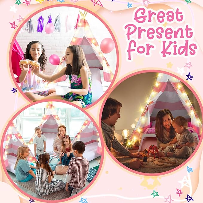 2 Pack Kids Teepee Tent with Mattress,Fitted Sheet,Light String,Washable Natural Cotton Toddler Play Tent for Girls Boys Indoor Outdoor Sleepover Slumber Birthday Party(Pink and White)-BubblyBeeBaby