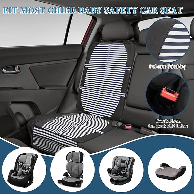 Car Seat Protector for Child Car Seat, 2 Pack Baby Car Seat Covers with Mesh Pockets & Non-Slip Backing 600D Durable Seat Protector Under Baby Car Seat for Car Back Seat (Stripe, Large)-BubblyBeeBaby