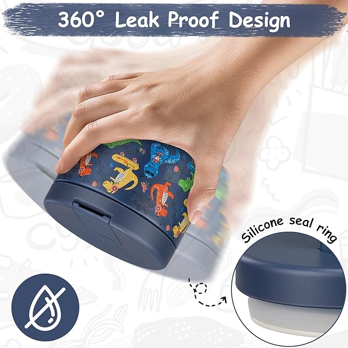 12oz Insulated Vacuum Food Jar with Buckle Lid Wide Mouth Soup Thermo for Hot Food Kids Leakproof Stainless Steel Lunch Container (Blue-Dinosaur)-BubblyBeeBaby