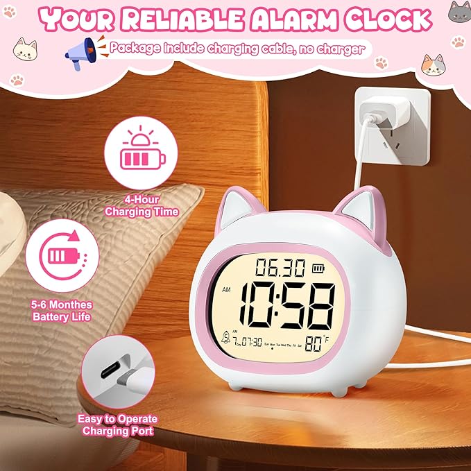 Kids Alarm Clock with Night Light for Kids, Small Digital Alarm Clocks for Bedrooms, Routine Builder, Cute Cat Alarm Clock with Sleep Training, Snooze, 12/24H, Date & Day, Temperature, USB Port-BubblyBeeBaby
