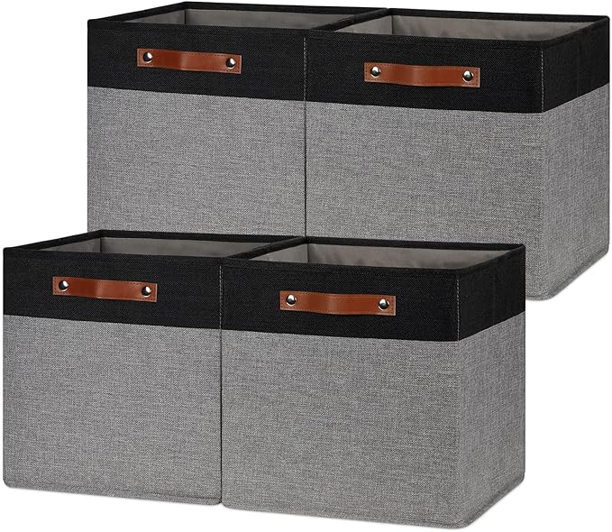 HNZIGE Storage Baskets for Organizing, Set of 4, Square Fabric Storage Cubes Bins 13 x 13, Collapsible Black Storage Bins for Shelves, Closets, Nursery, Home, Office (Black&Grey)-BubblyBeeBaby