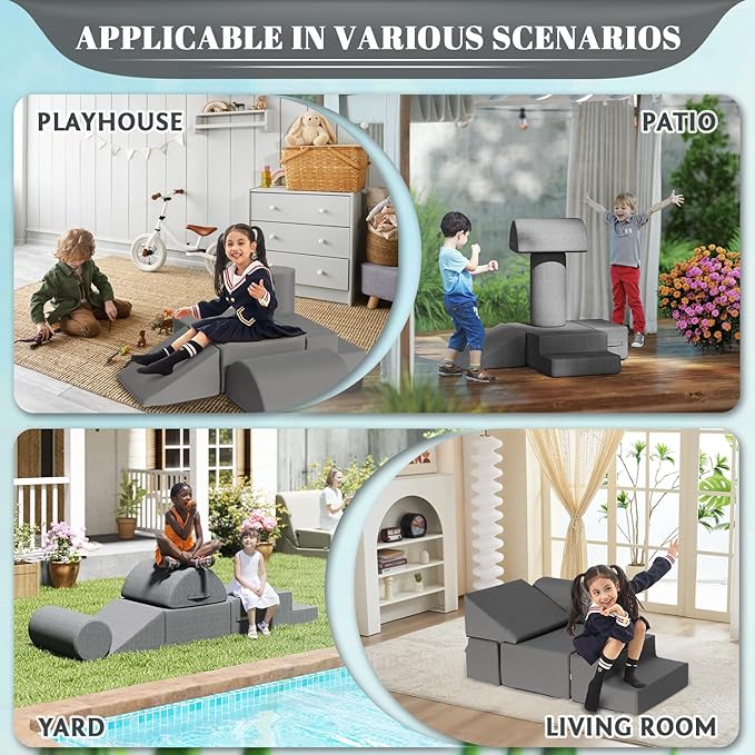 jela Foam Blocks 6Pcs Soft Play Equipment Waterproof Fabric, UV Resistant Toddler Climbing Toys Indoor& Outdoor Soft Play Climbing for Toddlers, Lightweight Climbing Blocks for Babies, Kids (Darkgrey)-BubblyBeeBaby