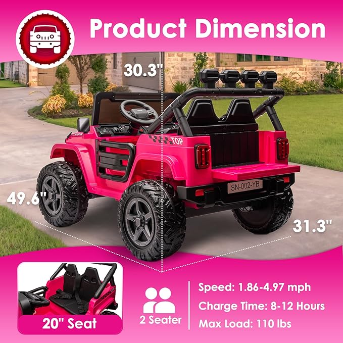 24V 2 Seater Ride On Truck with Remote Control 4WD Electric Car for Kids Ride On Car Battery Powered Ride On Toy Car with Music Player, LED Lights, Bluetooth, Rear Shock Absorber, Hot Pink-BubblyBeeBaby