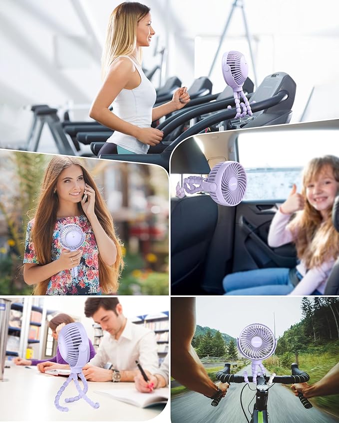 Stroller Fan Clip on for Baby, 4000mAh Rechargeable Battery Operated, Flexible Tripod, 3 Wind Speed, 360° Rotatable, Small Portable Fan for Car Seat Crib Backseat Beach Travel Camping, Purple-BubblyBeeBaby