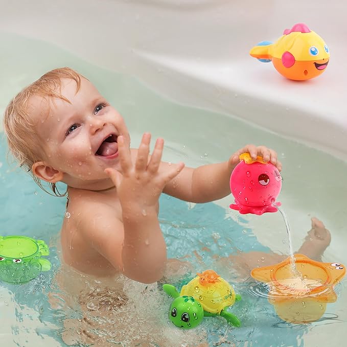 iPlay, iLearn Baby Bath Toys w/ Organizer, Water Squirting Octopus, Wind Up Swimming Turtle, Bathtub & Shower, Stacking Cups, Gift for 6, 9, 12, 18 Months 1, 2, 3 Years, Toddlers, Girls, Boys & Kids-BubblyBeeBaby