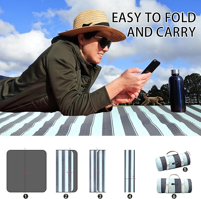 HX&OD Extra Large Picnic Outdoor Blanket, 80”x80” Waterproof Picnic Mat Foldable Camping Blanket Portable with Carry Strap for Beach Mat Outdoor Camping Party(Grey&Green)-BubblyBeeBaby