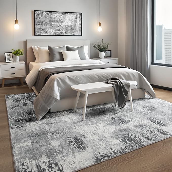 Kelarea Living Room Rug 4x6 Grey Area Rug Machine Washable Rugs, Non Slip Abstract Vintage Indoor Carpet for Bedroom, Nursery, Classroom, Dining Room, Home Office-BubblyBeeBaby