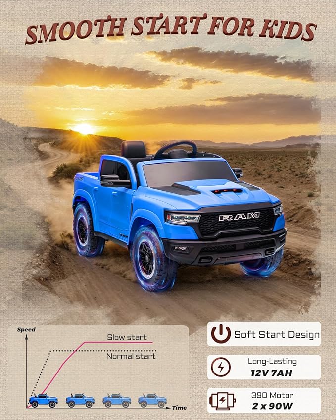 12V Kids Electric Vehicles, Licensed Ram 1500 RHO Kids Ride on Truck with Remote Control, Ride on Car for Children with Smooth Start, Truck Bed Storage, Bluetooth, Aux Port (Blue)-BubblyBeeBaby