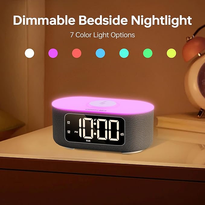 JALL Fabric Alarm Clock for Bedroom, with Big Led Screen Display, Bluetooth Stereo Sound Speaker, FM Radio, Fast Wireless Charging, USB Charging Port, Nightlight, White Noise, Ideal for Gift, Black-BubblyBeeBaby