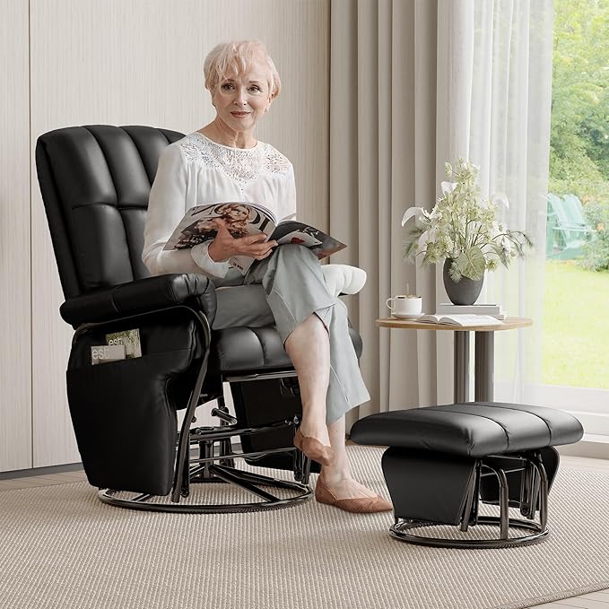 JIASTING 360° Swivel Recliner Chair with Ottoman & Double Side Pockets, Nursing Glider Rocking Recliner Chair, Gliding Chair for Nursery, Living Room, Office, Bedroom, Metal Frame (Black 1)-BubblyBeeBaby