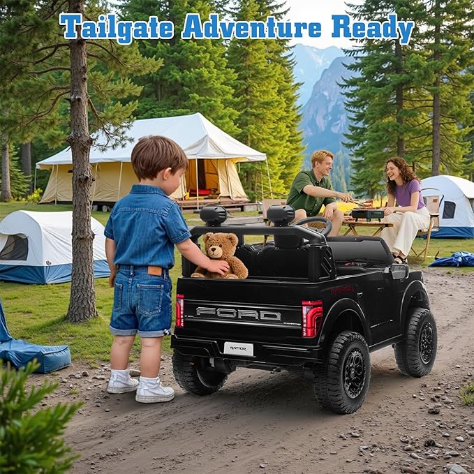 24V Ride on Car Licensed Ford F-150 Raptor, Kids Electric Car with Remote Control, LED Light/Music/MP3, Truck Bed Storage, 3-Point Seat Belt (24V, Black)-BubblyBeeBaby