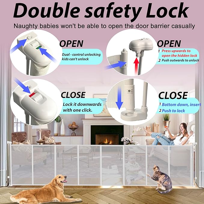 200" Retractable Baby Gates Extra Wide for Large Opening, 41" Extra Tall Retractable Dog Gate Pet Gates, Long Child Safety Mesh Gate with Fiberglass Rods for Stairs, Doorways, Hallways, Indoor/Outdoor-BubblyBeeBaby