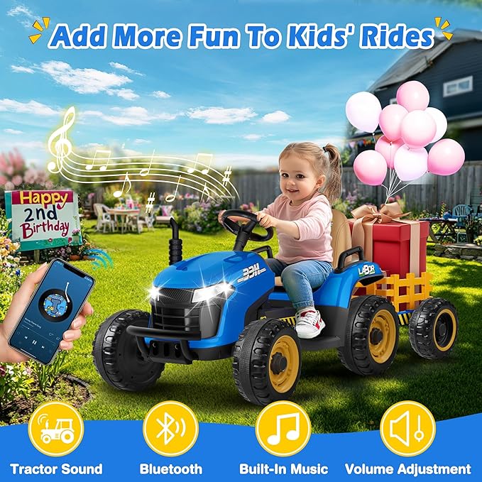 24V Ride On Tractor w/Tiltable & Detachable Trailer, 2x65W Motors, EVA Tires, Remote Control, Bluetooth, Shifter, Music, Electric Car for Kids Ages 2-5, Blue-BubblyBeeBaby