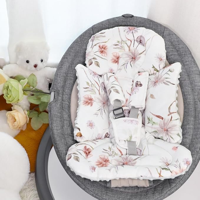 Infant Car Seat Insert and Strap Covers, Very Soft Car Seat Head Support Baby Girl Boy, Reversible Newborn Carseat Insert Cushion Fits for Stroller, Baby Swing, Bouncer (White Flower)-BubblyBeeBaby