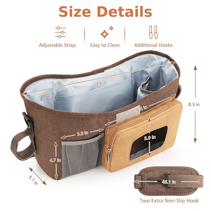 Accmor Universal Stroller Organizer with Insulated Cup Holder, Stroller Caddy Bag Accessories, Stroller Cup Holder Organizer for Uppababy Baby Jogger Britax Stroller, Brown-BubblyBeeBaby