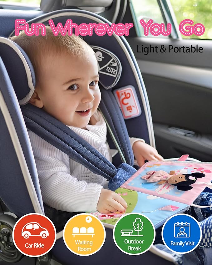 Interactive Sensory Soft Cloth Book, Educational Crinkle Quiet Activity Busy Book for Babies,Toddler Travel Toy Gift for 1-3 Year Old Boys and Girls (A Berry Special Day)-Tanned-BubblyBeeBaby