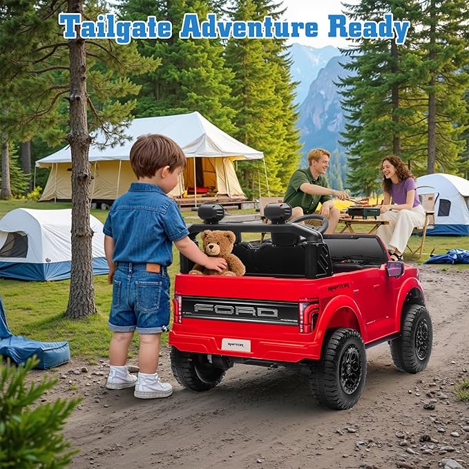 24V Ride on Car Licensed Ford F-150 Raptor, Kids Electric Car with Remote Control, LED Light/Music/MP3, Truck Bed Storage, 3-Point Seat Belt (24V, Red)-BubblyBeeBaby