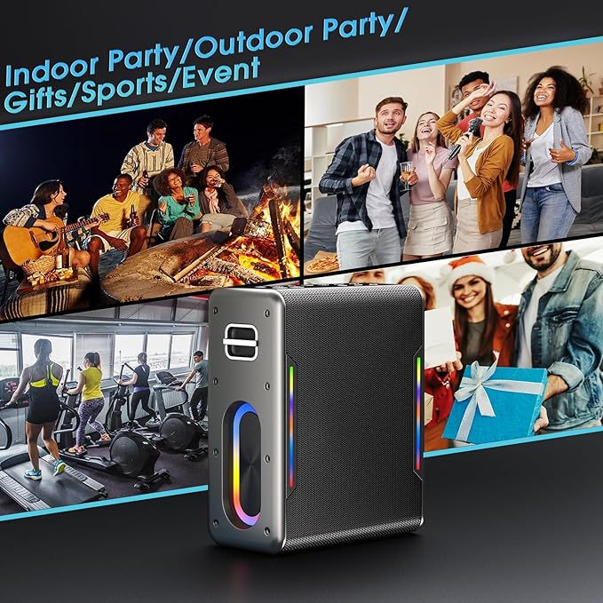 Karaoke Machine with Two Wireless Microphones, Powerful Portable Bluetooth Speaker for Adults & Kids, PA System with 2 Voice Mode, LED Lights, Supports BT/TWS/AUX/USB/TF for Party (Black+Sliver)-BubblyBeeBaby