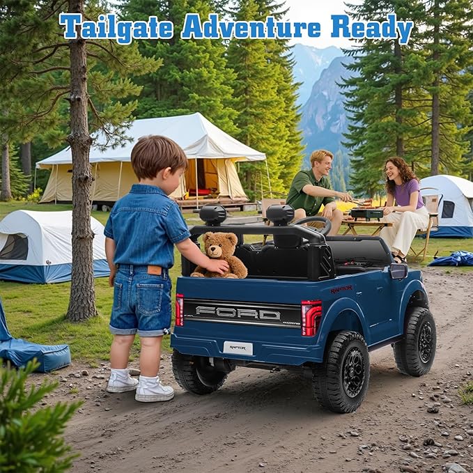 24V Ride on Car Licensed Ford F-150 Raptor, Kids Electric Car with Remote Control, LED Light/Music/MP3, Truck Bed Storage, 3-Point Seat Belt (24V, Blue)-BubblyBeeBaby