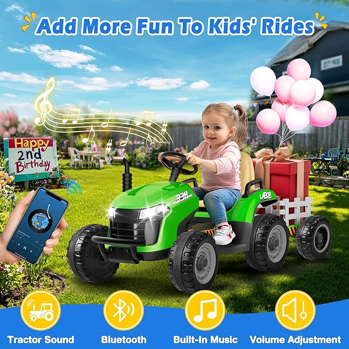 24V Ride On Tractor w/Tiltable & Detachable Trailer, 2x65W Motors, EVA Tires, Remote Control, Bluetooth, Shifter, Music, Electric Car for Kids, Green-BubblyBeeBaby