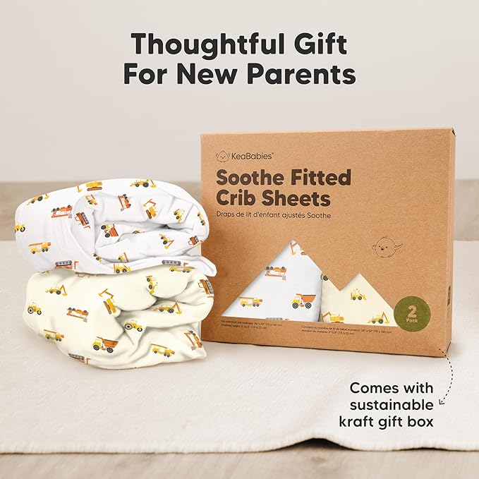 KeaBabies 2-Pack Organic Crib Sheets for Boys, Girls - 52x28 Fitted Crib Mattress Sheet Neutral, Breathable Jersey Cotton Cover for Baby Bed, Toddler Mattress, Soft & Cute Prints (Construction)-BubblyBeeBaby