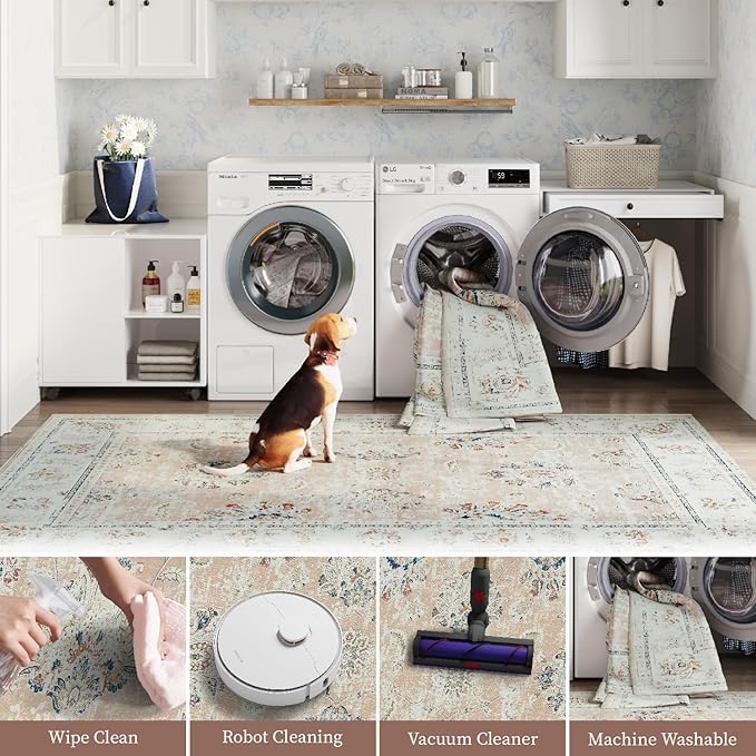 jinchan Washable Area Rug 5x7 Ultra-Thin Low Pile Non Slip Stain Resistant Soft Faux Wool Spring Floral Distressed Vintage Carpet for Bedroom,Living Room,Dining Room,Kitchen,Nursery(Pink, 5' x 7')-BubblyBeeBaby