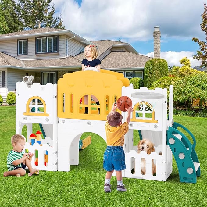 JOYLDIAS 9 in 1 Toddler Slide, Toddler Playground with Double Slides, Climber,Basketball Hoop,Tunnel, Telescope, Storage Space and Non-Slip Step, Indoor Outdoor Backyard Playset for Toddlers Age 1-3+-BubblyBeeBaby