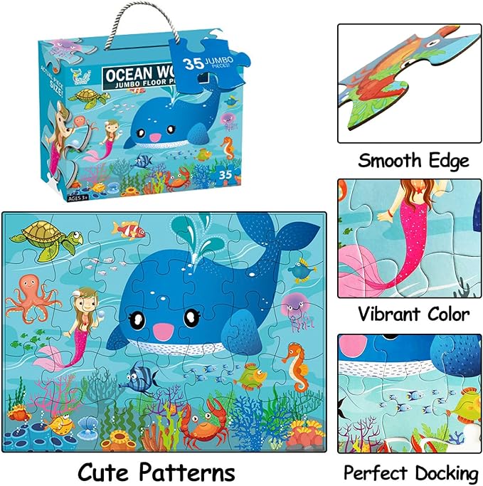 Jumbo Floor Puzzle for Kids, Large Jigsaw Puzzles 35 Piece for Kids Ages 3-5,Preschool Learning & Education Toys, Gifts for 4-8 Year Old Boys and Girls (Marine Animals)-BubblyBeeBaby