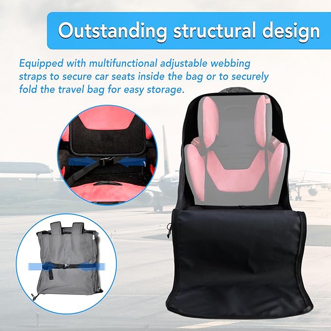 Car Seat Travel Bag with Wheels Heavy Duty Water-resistant Protective Cover for Airplane Travel & Rolling Design, Padded Handle,Padded Adjustable Strap (Grey)-BubblyBeeBaby