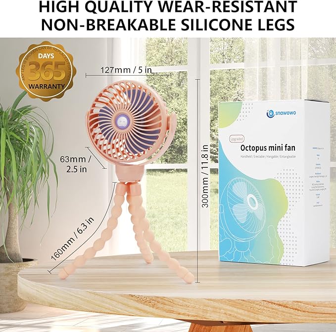 snawowo Mini Portable Baby Stroller Fan, Battery Operated Clip on Fan, Rechargeable 360° Rotate Flexible Tripod Handheld Cooling for Car Seat Crib Treadmill Travel(Pink)-BubblyBeeBaby