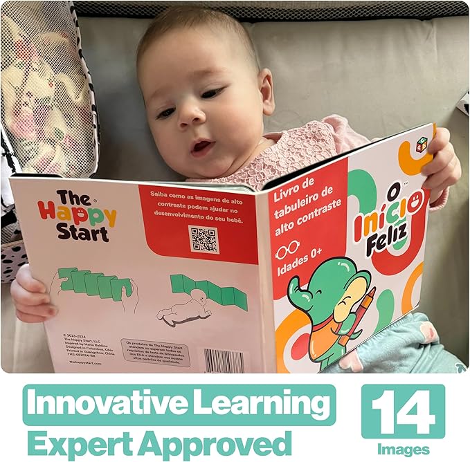 Happy Start Award-Winning High Contrast Board Book - Newborn Black & White Baby Cards, Easy to Clean, Hospital Approved, Stands on Its Own, Tummy Time Toy, Ages 0+ (Portuguese)-BubblyBeeBaby