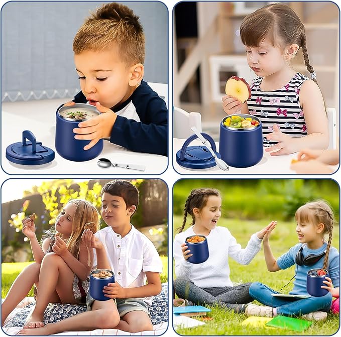 20oz Insulated Vacuum Food Jar with Buckle Lid,Soup Thermo for Hot Food Kids,Wide Mouth Leakproof Stainless Steel Lunch Container with Spoon-Blue-BubblyBeeBaby