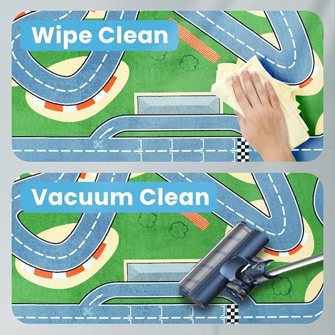 1.3" Thick Educational Baby Floor Play Mat 79x118, Basic Padded Memory Foam Kids Mat, Large Non-Slip Plush Playmat for Nursery Playroom Classroom (Race Track)-BubblyBeeBaby