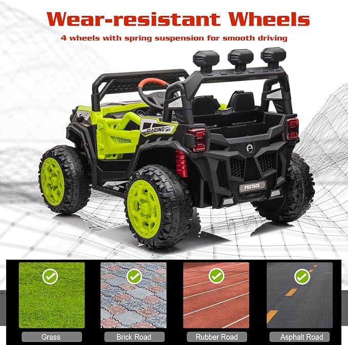 24V Battery Powered Electric Car for Big Kids, 24V Riding Cars for Kids Ages 4-8, Children Car with Bluetooth 3 Speeds LED Lights Storage Trunk, Green-BubblyBeeBaby