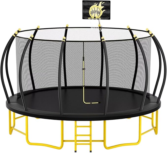 10FT 12FT 14FT 16FT Pumpkin Trampoline for Kids Adults, ASTM Approved Outdoor Recreational Trampoline with Basketball Hoop, Enclosure Net, Yellow-BubblyBeeBaby