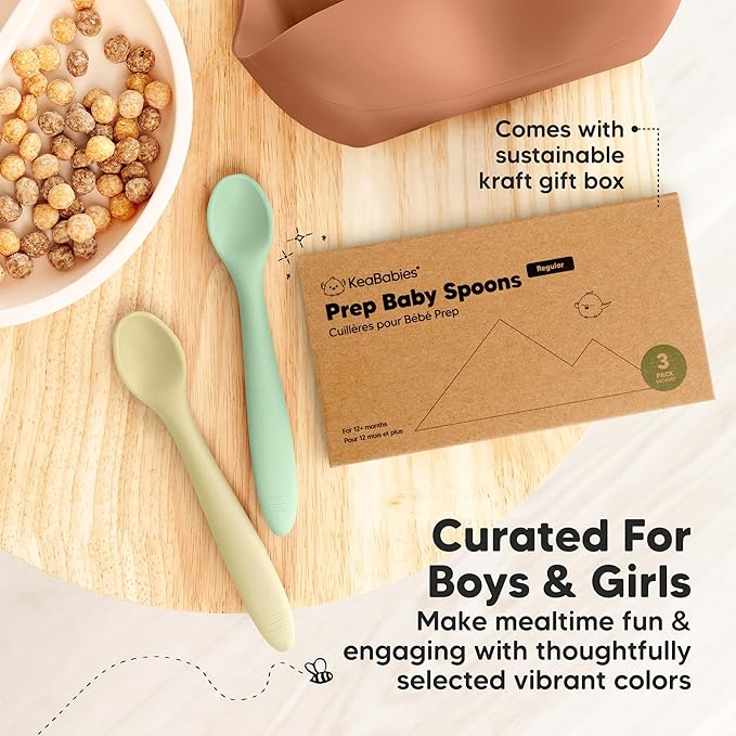 KeaBabies Silicone Baby Spoons, Self Feeding 6-12 months - 3-Pack Baby Weaning Eating Utensils,Toddler First Food Training Spoon,Infant,Kids Feeding Supplies Essential Set,Dishwasher-safe (Pastel Sky)-BubblyBeeBaby