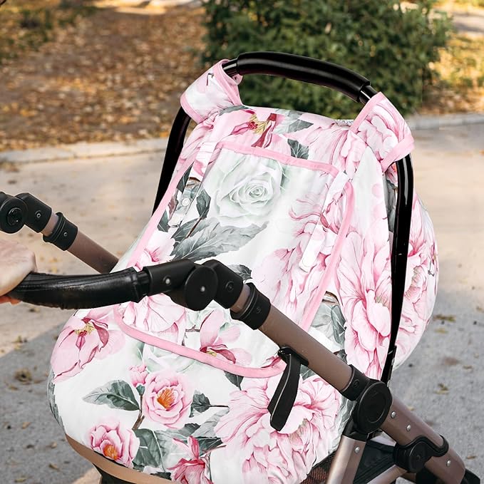 Pea Pod Car Seat Cover for Baby Girls, Floral Infant Car Seat Canopy Cover for Newborn, with 2 Layers Windows of Breathable Mesh/Fabric, 3D Minky Dot Backing, Ultra Soft & Comfortable-BubblyBeeBaby