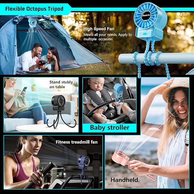 2 Pack Multifunctional Portable Stroller Fan 4 Speed 6600rpm High Speed Usb Rechargeable Personal Mini Handheld Fan Extended Tripod for Desktop Winding Kids Bed Treadmill Bike Golf Cart Outdoor Travel-BubblyBeeBaby