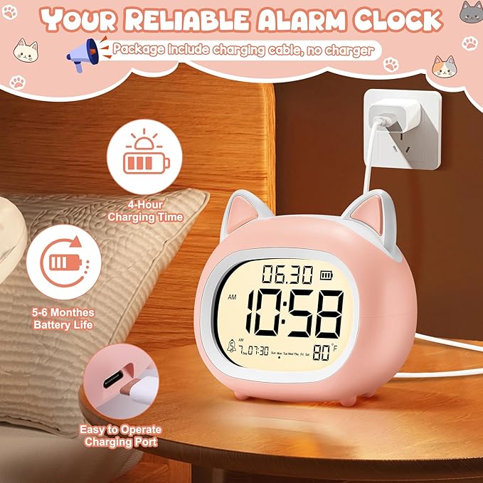 Kids Alarm Clock with Night Light for Kids, Small Digital Alarm Clocks for Bedrooms, Routine Builder, Cute Cat Alarm Clock with Sleep Training, Snooze, 12/24H, Date & Day, Temperature, USB Port-BubblyBeeBaby