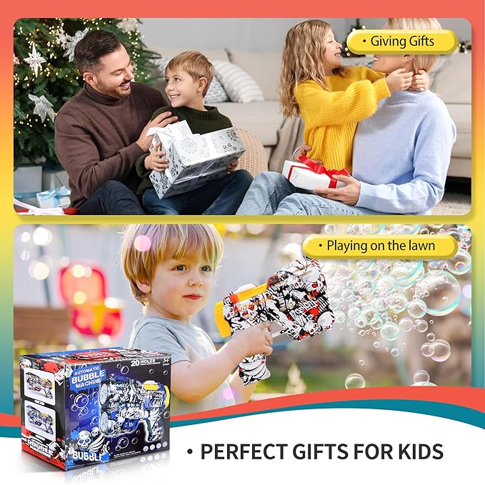 2 Pack Bubble Guns for Kids, Rechargeable LED Light Up Graffiti Bubbles Machine Blower with 2 Bottles Refill Solution for Kids 4-8, Bubble Makers Blaster for Toddlers-BubblyBeeBaby