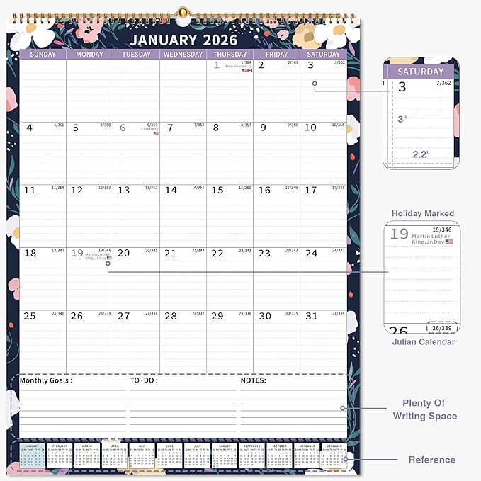 2025 Calendar, Wall Calendar 2025-2026 (17"x22") with Lines, Monthly Calendar from Jul 2025 to Dec 2026, 18 Month Vertical Large Monthly Family Calendar 2026 for Wall, Calendario 2026-BubblyBeeBaby