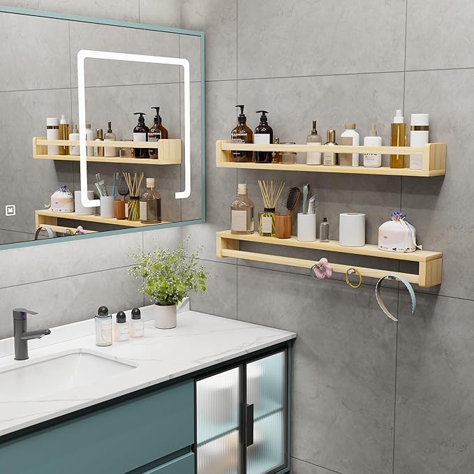 Heimlove Nursery Floating Shelves, Wood Nursery Book Shelves for Wall, 32 inch Wall Bookshelf for Kids Solid Wood Shelves for Books,Toys and Decor Storage, Set of 3-BubblyBeeBaby