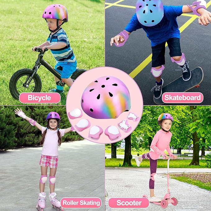 Kids Bike Helmet with DIY Stickers and Knee Pads Elbow Pads Wrist Guard Set for Ages 3-8-14 Toddler Boys Girls Helmet for Roller Skates Cycling Skateboarding Bicycle Scooter-BubblyBeeBaby
